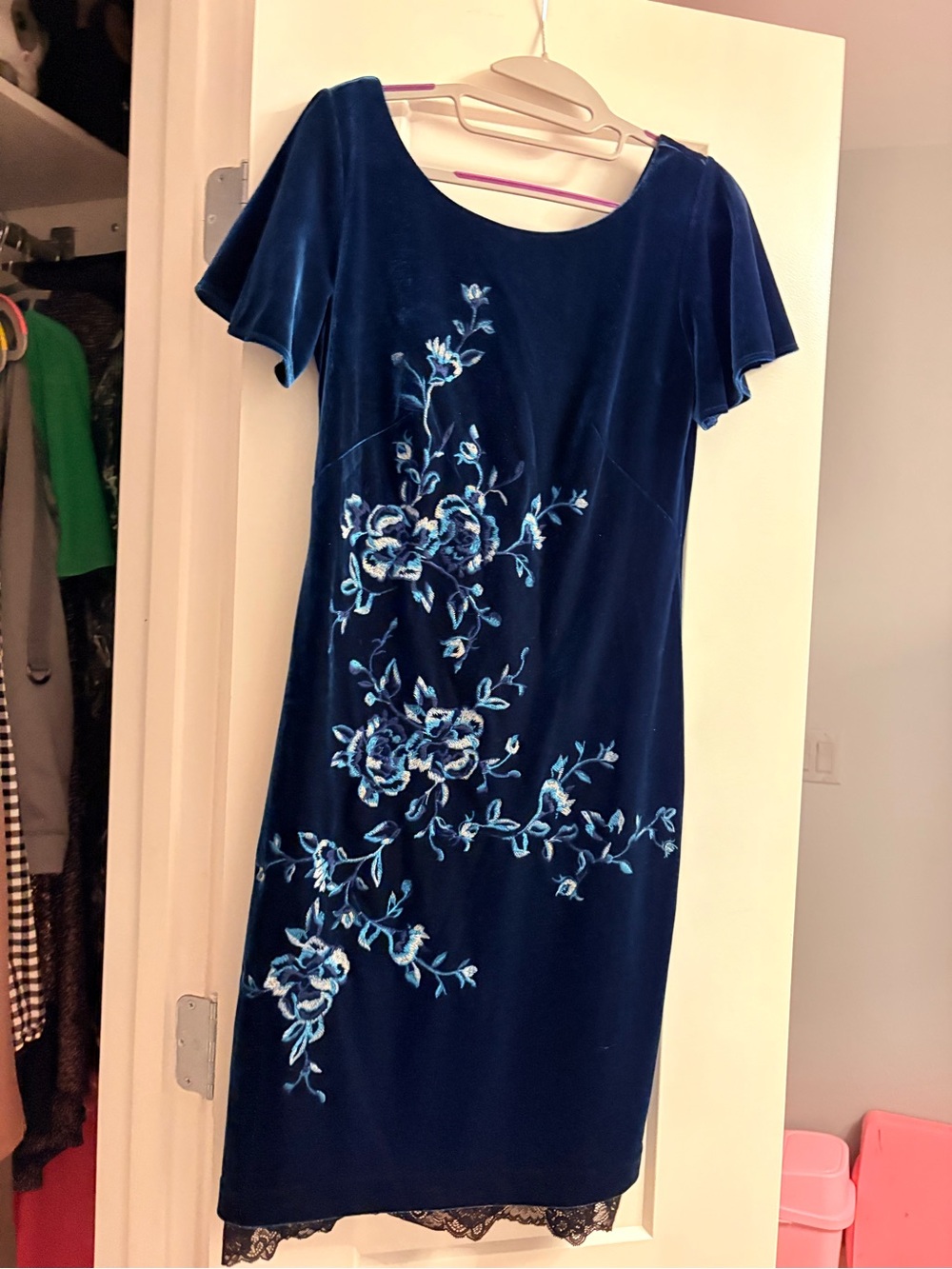 White House Black Market Navy Velvet Floral Embroidered Dress